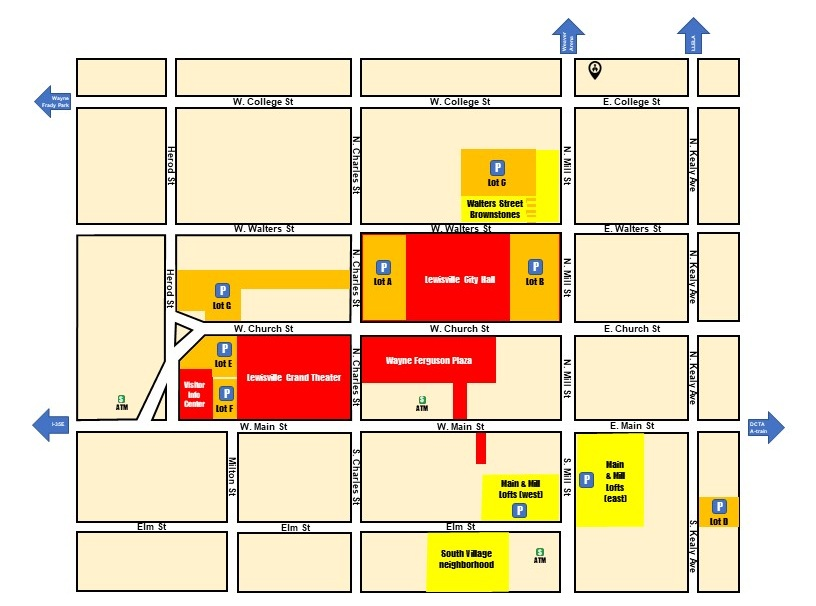 Free parking map for Lewisville Grand Theater and surrounding lots